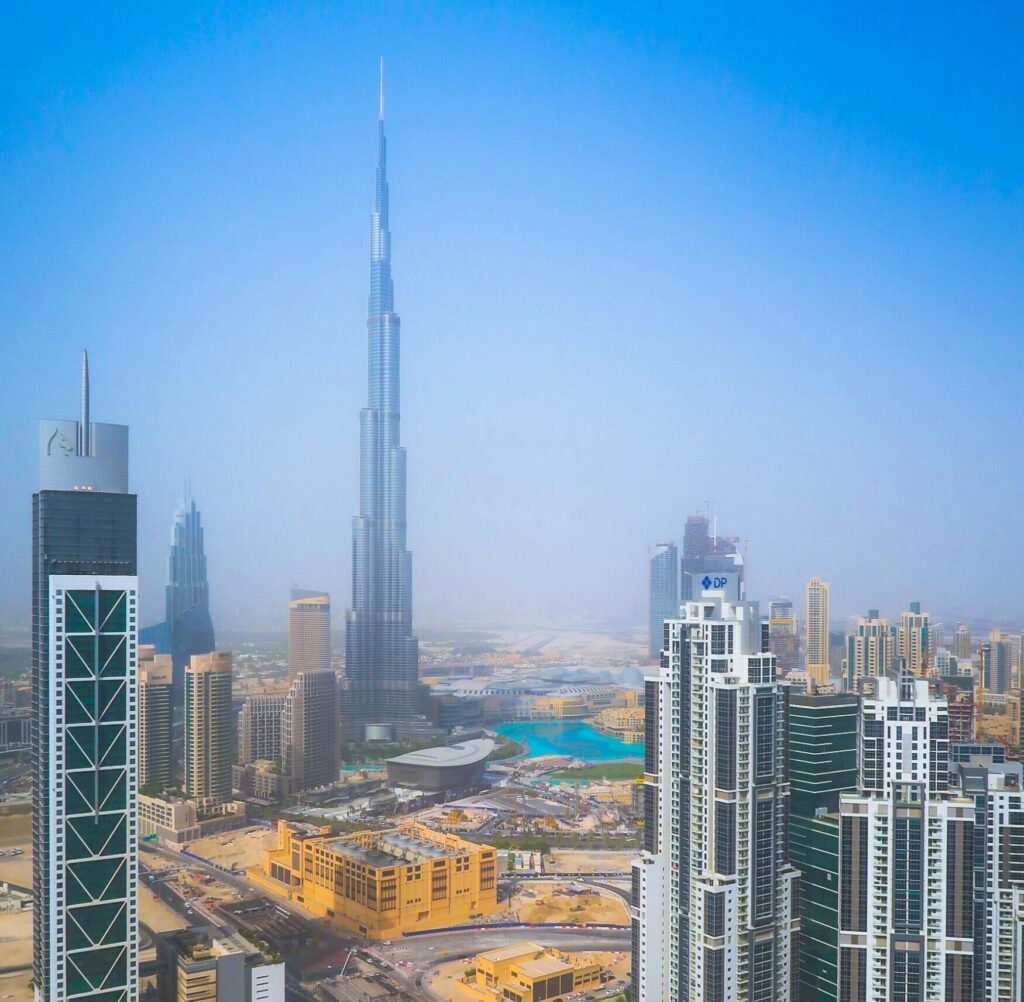 Stunning aerial view of Dubai's modern skyline with the iconic Burj Khalifa.